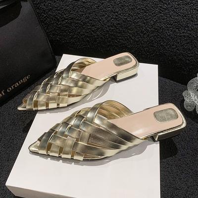 Fashion 2024 New Summer Gold Silver Low Heels Slippers Women Pointed Toe Thick Heeled Gladiator Sandals Woman Brand Designer Heels Women