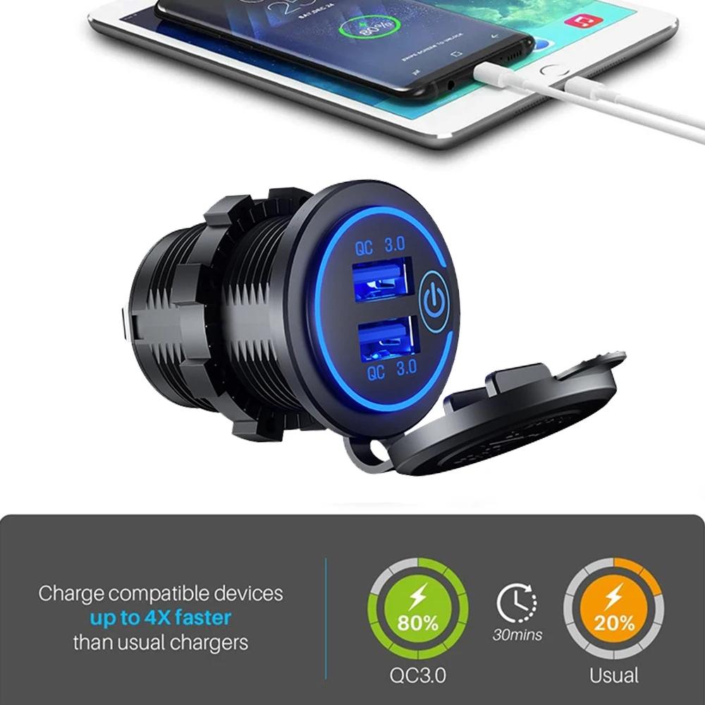 Quick Charge 3.0 Dual USB  Fast Car Charger Socket Accessories Waterproof 12V 24V QC3.0 Power Outlet with Touch Switch Led Light