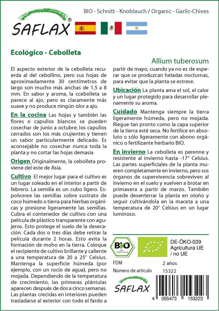 SAFLAX Garden In the Bag - Organic - Garlic-Chives - 100 Seeds - With Substrate In a Fitting Stand Up Bag - Allium Tuberosum