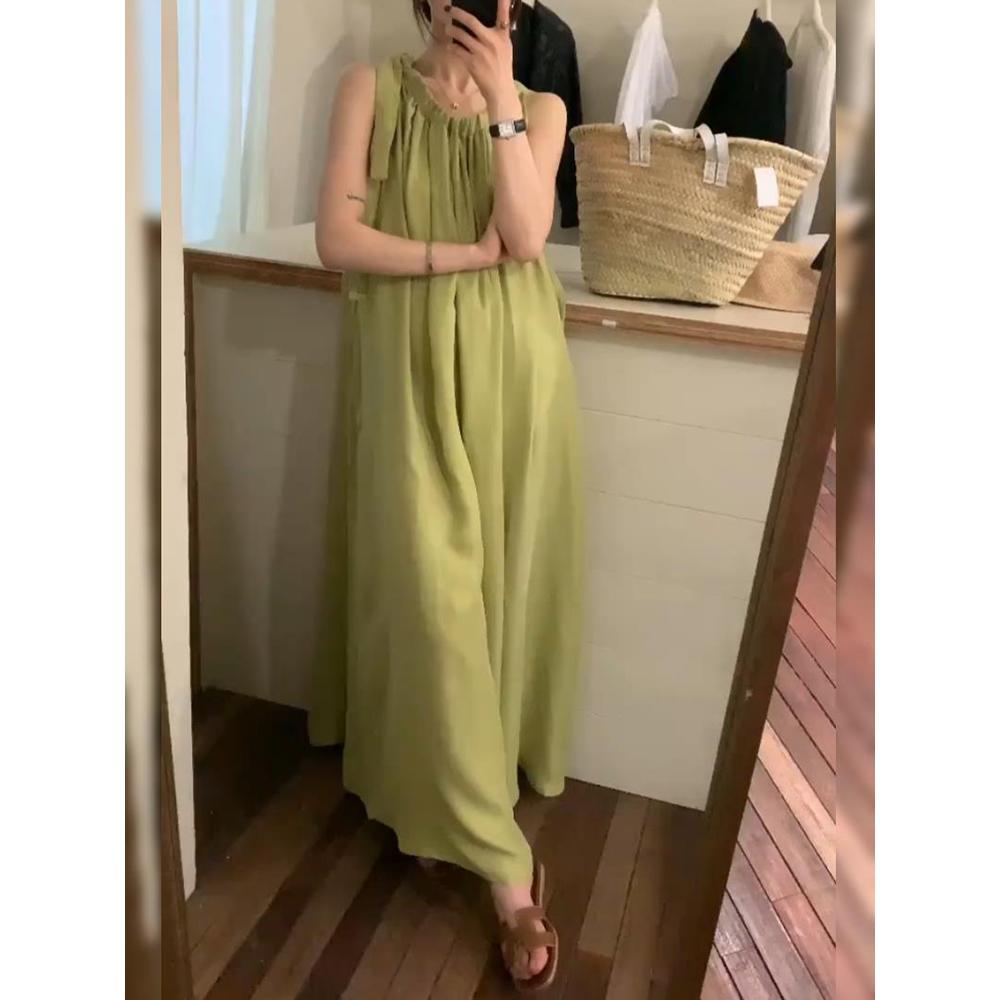 Loose and Thin Resort Style Casual Sleeveless Dress Mustard Green Vest Skirt Fashion Girl