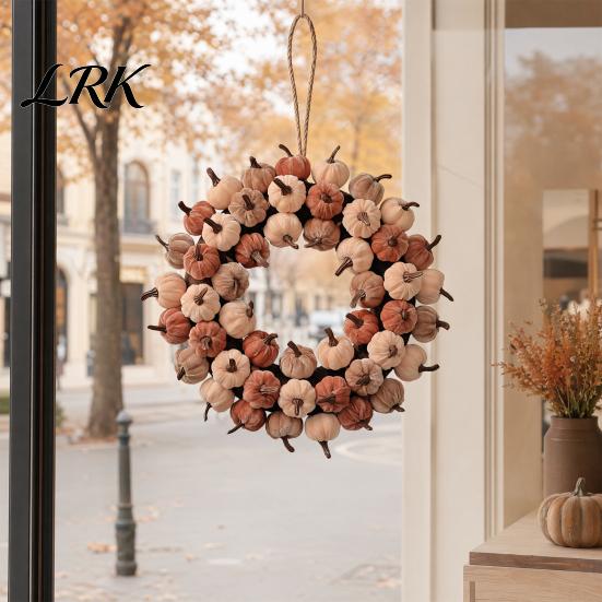 Artificial Pumpkin Vine Velvet Wreath Door Hanger, Fall Thanksgiving Garland, Rustic Fluffy Autumn Harvest Decor for Entryway Window, Farmhouse