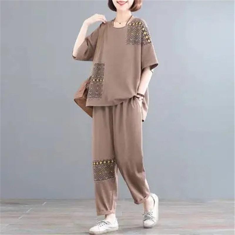 Women Summer 2 Piece Outfit Plus Size Cotton Linen Patchwork Printed Short Sleeve Top & Harem Pants Set Casual Loose Mother Clothes