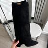 Damen Chunky Heel Kniehohe Stiefel Spitze Schwarzes PU-Leder Lange Stiefel Damen Herbst Winter Mode Shark Botas Mujer
