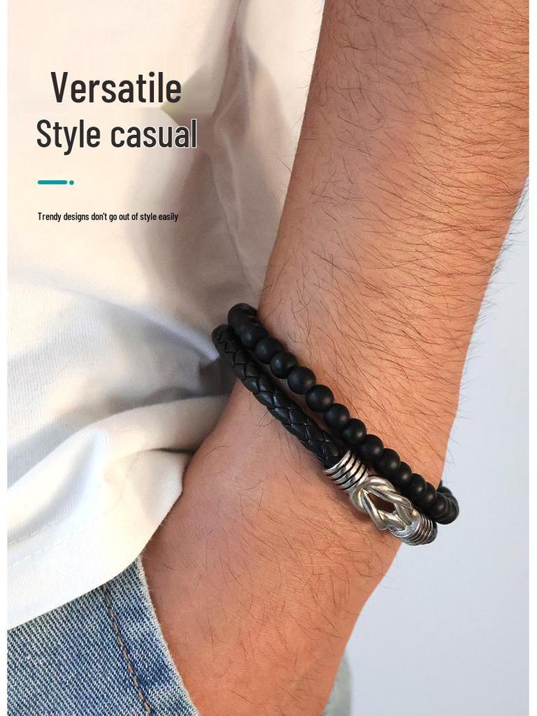 Magnetic Buckle Leather Bracelet: Men's Double Buckle Woven Accessory - Handmade Design
