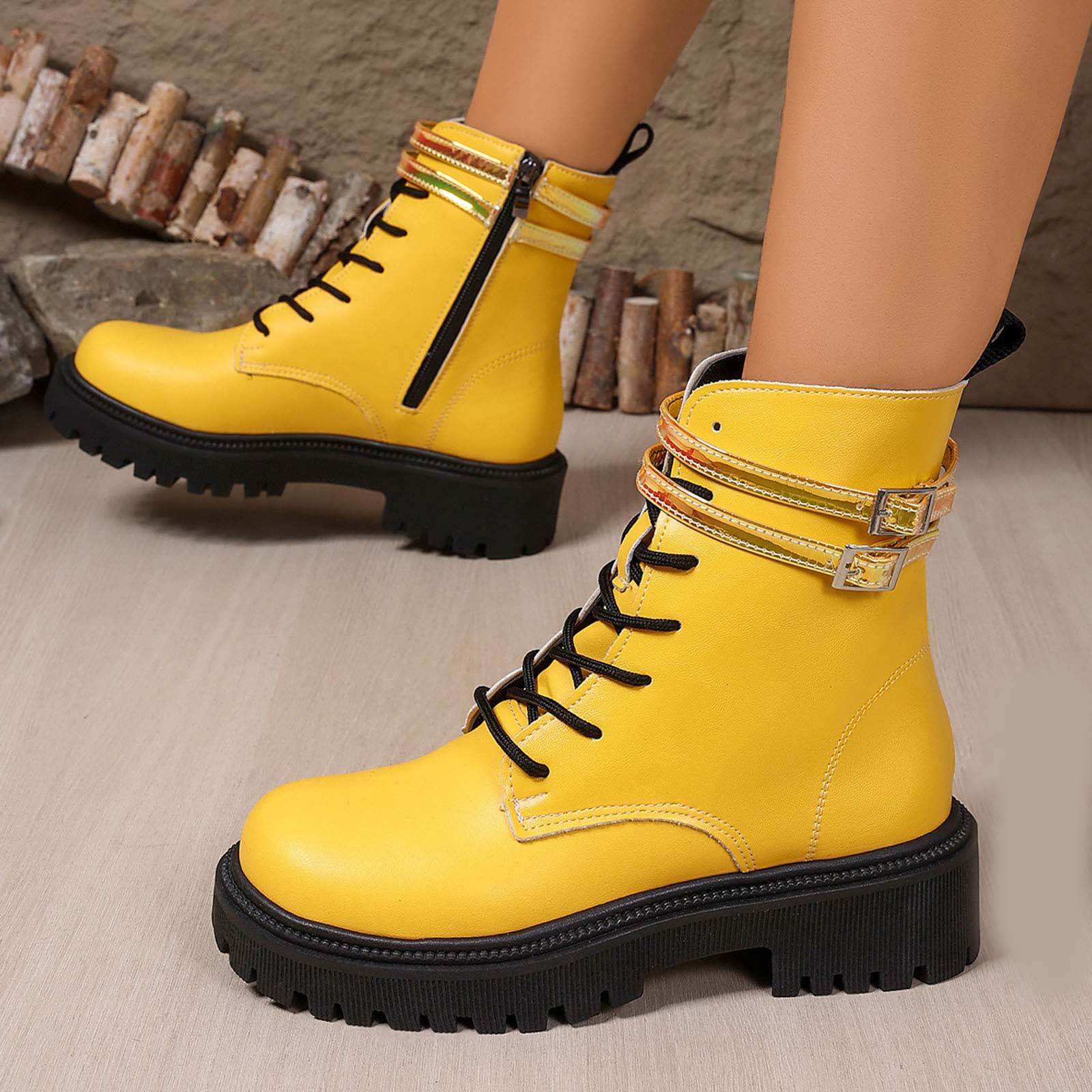 Thick Soled Round Toed Women s Solid Color Fashionable Casual Lace Up Belt Mid Calf Boots Glitter Rain Boots for Women Mid Calf 36 жёлтый