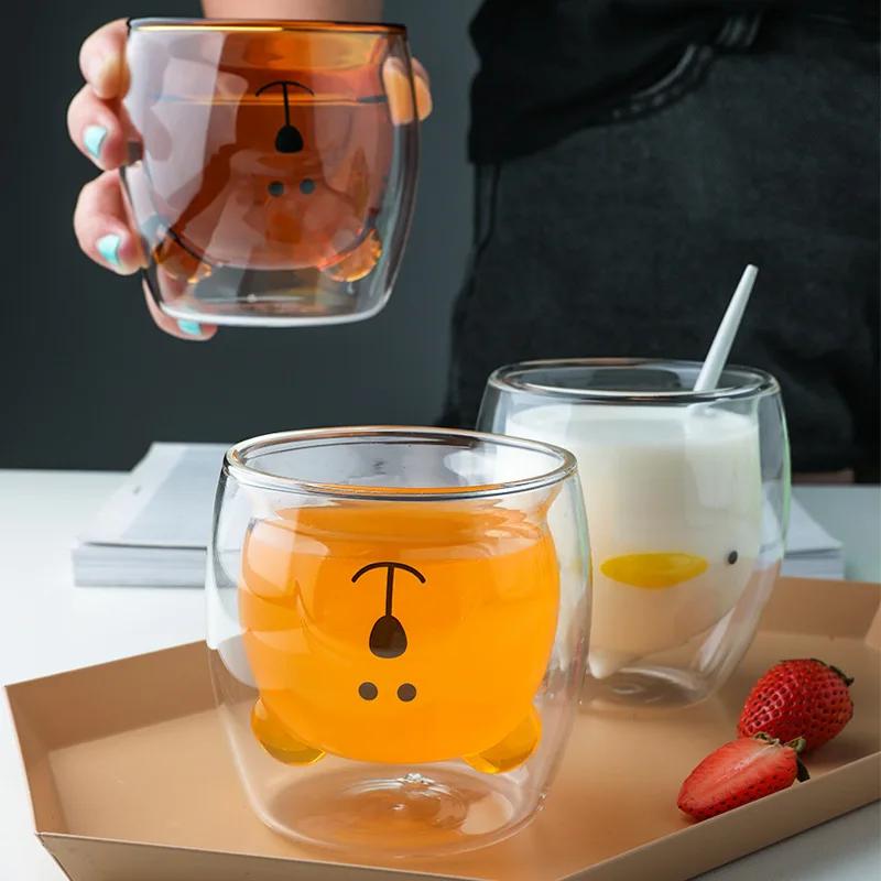 Cute Bear Double-layer Glass Mug Cartoon Cat Dog Heat Resistant Transparent Glass Cup Milk Coffee Cup Juice Beer drink cups