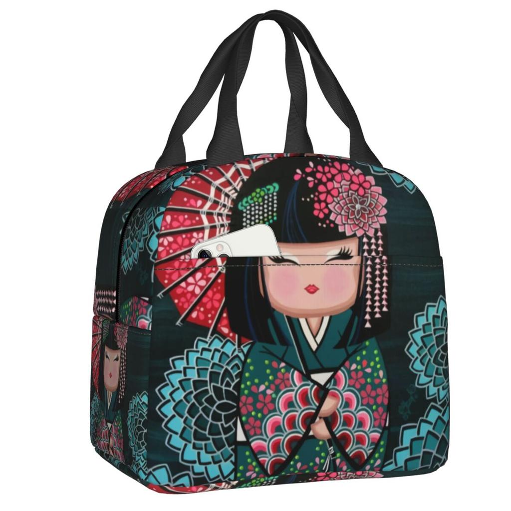 Custom Japanese Girl Sakura Kokeshi Doll Lunch Bag Men Women Warm Cooler Insulated Lunch Box for Kids School Children