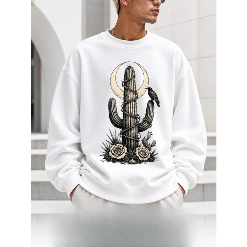 Vintage Gothic Cactus Moon Snake Rose Print Men's Crew Neck Sweatshirt, Casual Long Sleeve Fall Winter Gift.