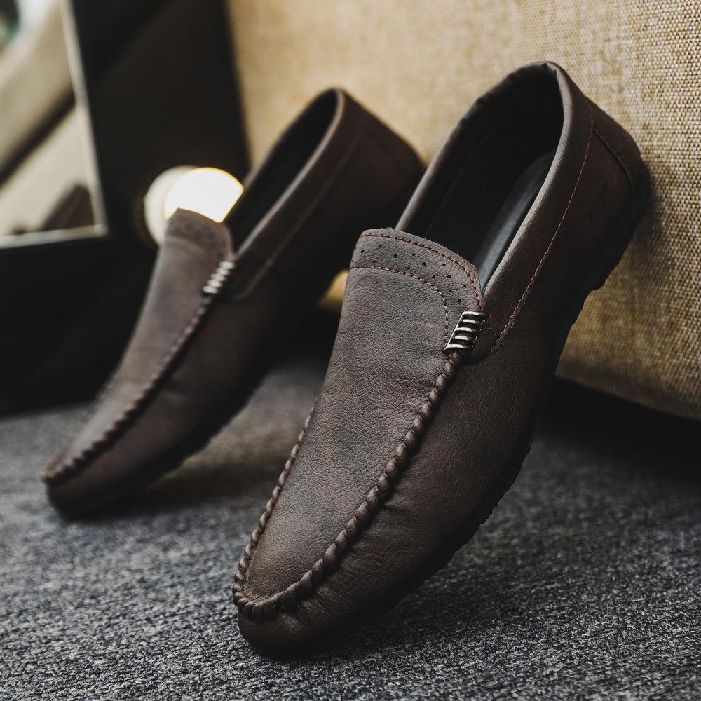 Round Toe Flat Slip-on Men's Leather Shoes 2025 Trend Classic Original Retro in Promotion Fashion Social Adults Male Casual Shoe