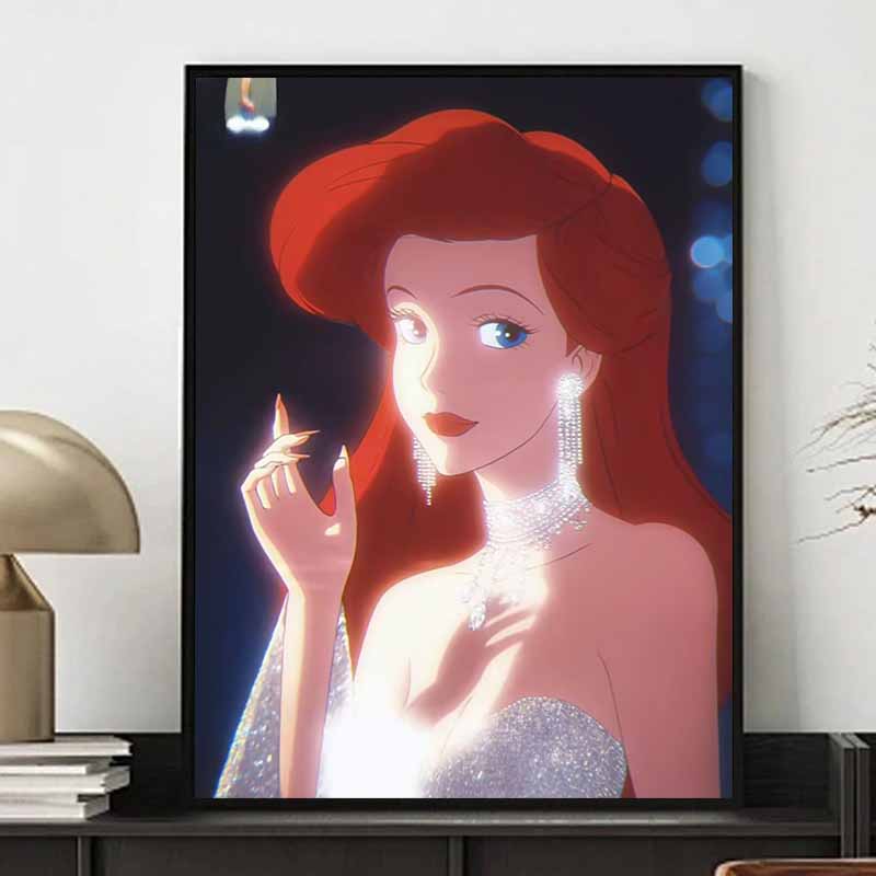 Disney 5D DIY Diamond Painting: Ariels Iconic Features Illustration Cartoon Full Diamond Mosaic Art Wall Decoration Set