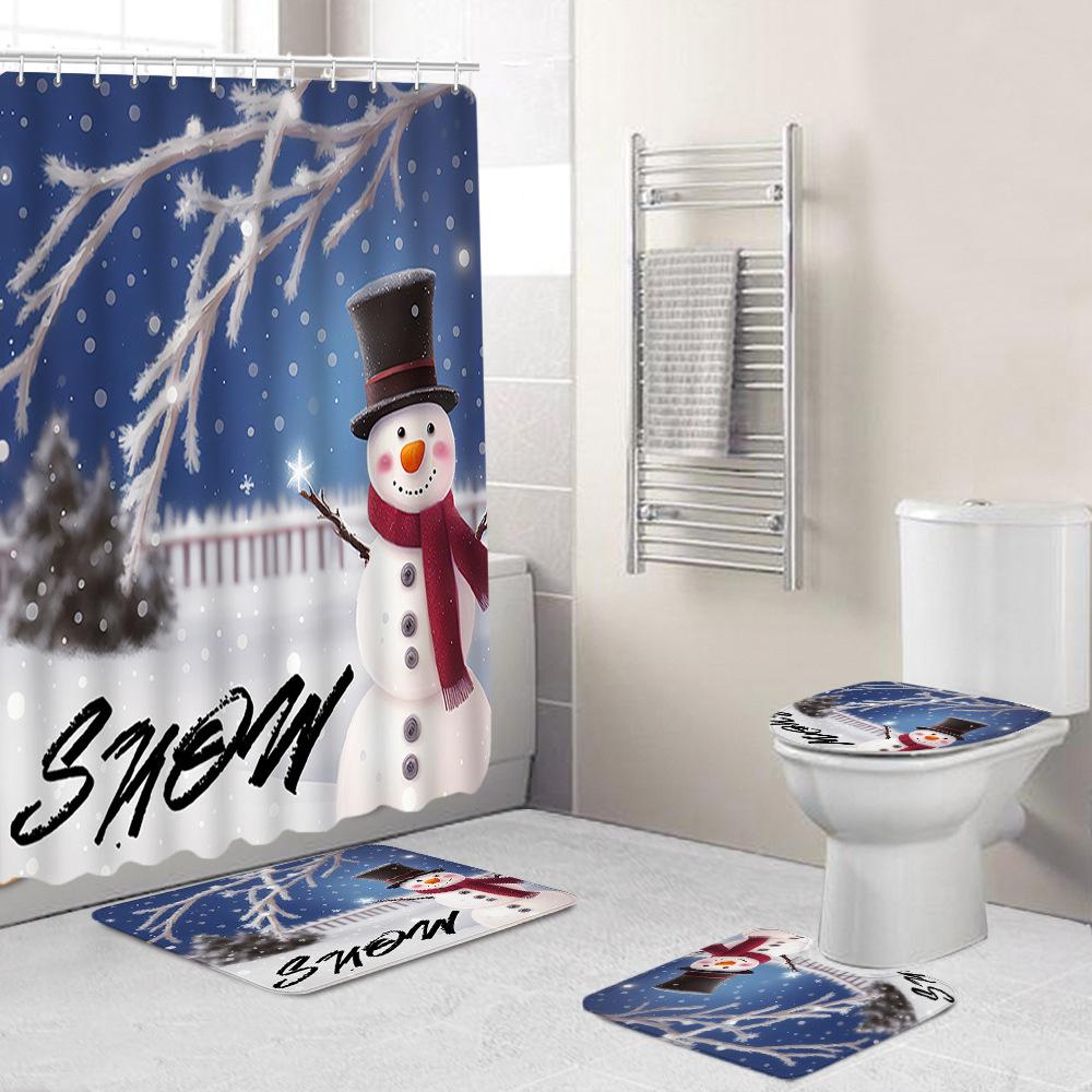 Christmas Toilet Cover Shower Curtain Floor Mat Set Santa Carpet Door Mat Foot Mat Non-Slip Mat