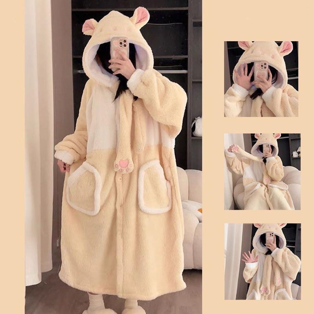 BREAORTION Hamster Pajamas for Long Cute and Casual for Fall and Winter Women, Skin-Friendly, Open-Front, Sleeves, Loungewear, (JP, Alphabet, L,