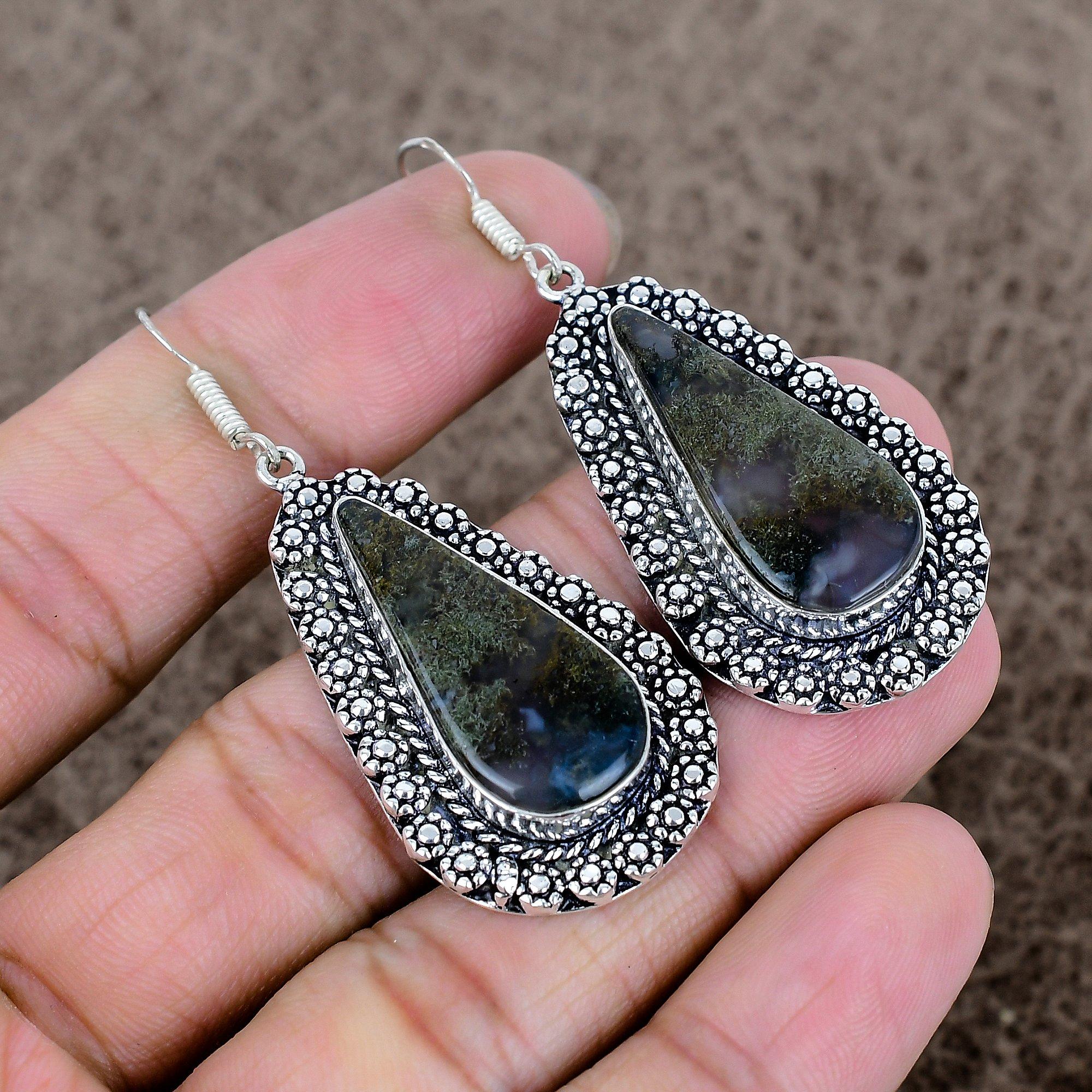 

Moss Agate Gemstone Handmade 925 Sterling Silver Jewelry Earring 2.40 KKG-679