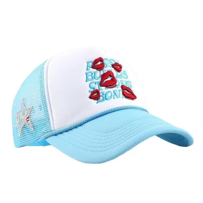 Red lip, wide brim, multi-color letter baseball cap, sunshade, breathable, casual baseball net cap for truck drivers