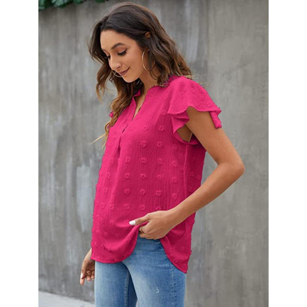 Women's Summer New V-Neck Ruffled Peplum Sleeve Pom-Pom Blouse Chiffon Shirt