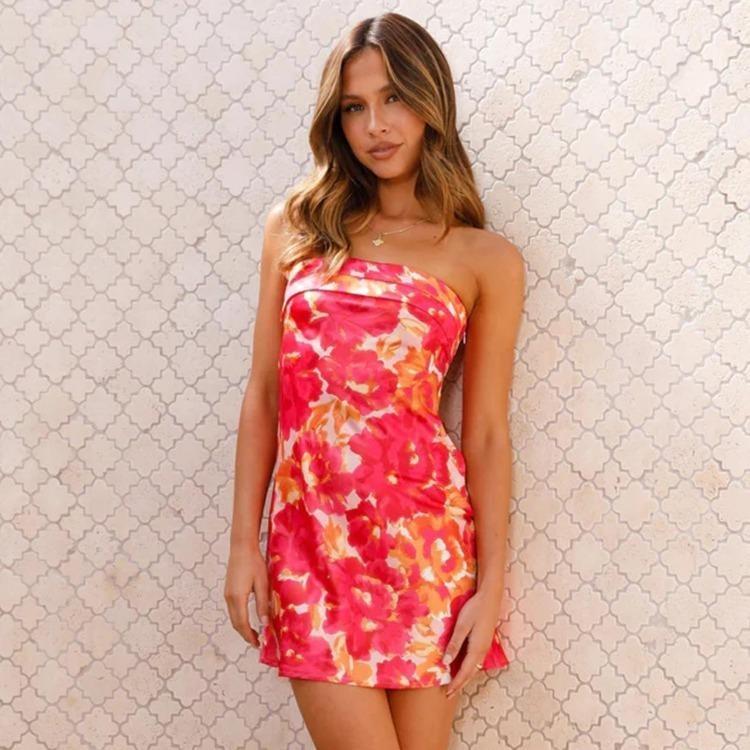 

Women Summer Floral Print Sleeveless Slim Dress High Waist Strapless Casual Short One Neck S XL Spring Dress S красный