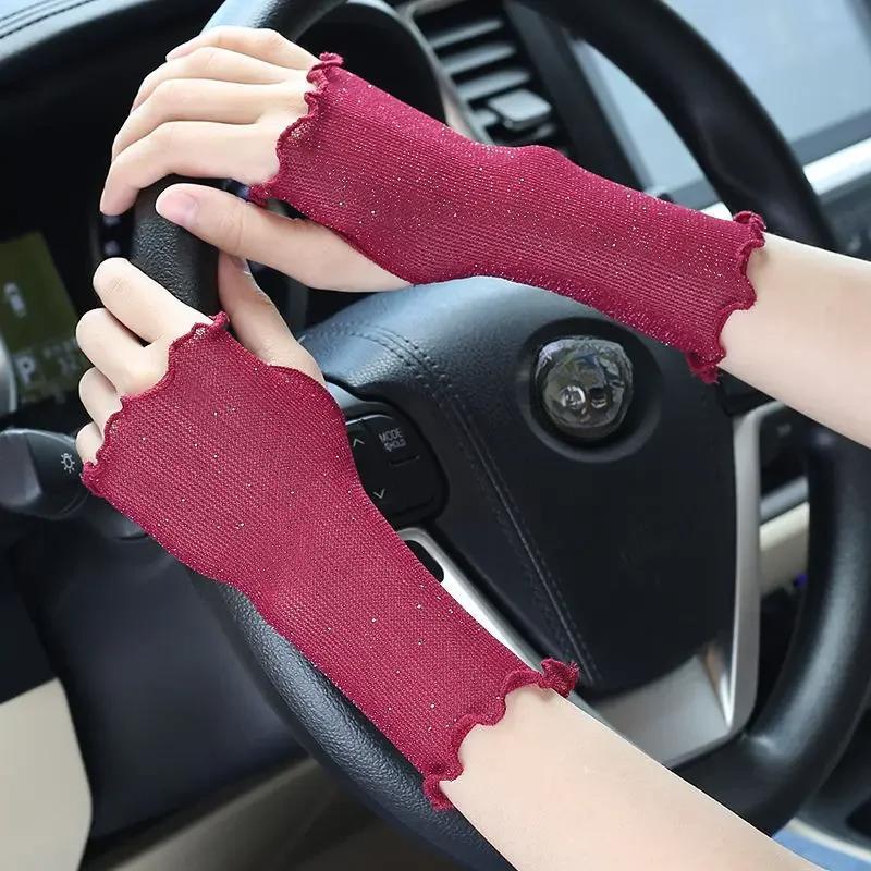 Kurze Halbfinger-Sonnenschutzhandschuhe für Damen Dünne Elastische Abdeckung Anti-Bräunung Schwarz Atmungsaktiv zum Fahren und Radfahren