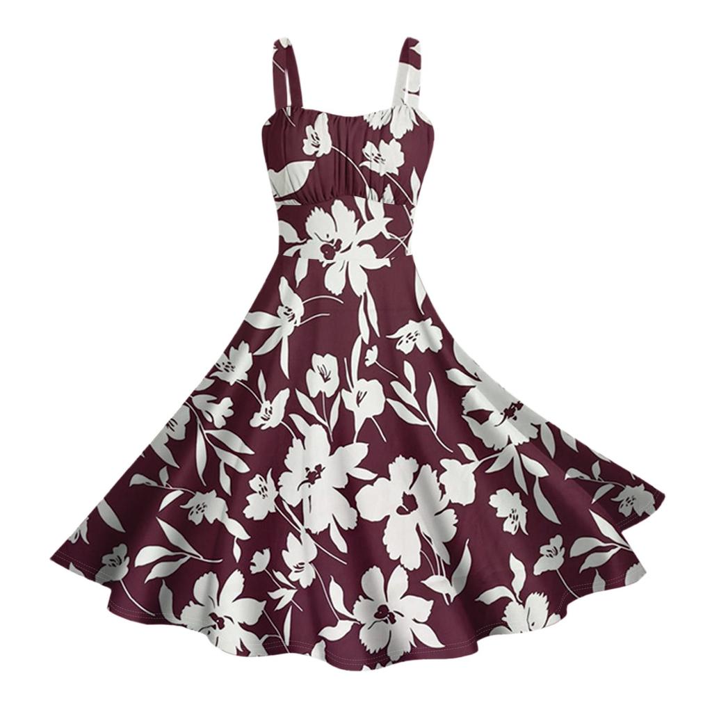 Damen Vintage Ärmellos Plissiert Patchwork Niedlich A-Linien Saum Blumendruck Kleider