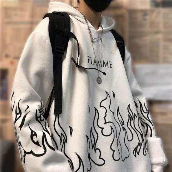 Hanorac Bărbați Toamnă Imprimeu Flacără Glugă Mâneci Lungi Moale Călduros Larg Stil Hip Hop Hanorac de Iarnă pentru Școală