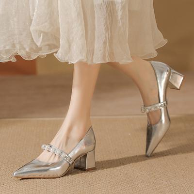 Silver High Heels Autumn New Pointed Head Light Mouth Pearl Word with Thick Heel Mary Jane Single Shoes Women