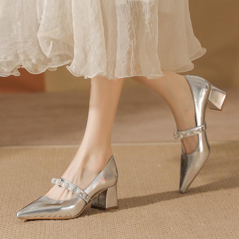 Silver High Heels Autumn New Pointed Head Light Mouth Pearl Word with Thick Heel Mary Jane Single Shoes Women