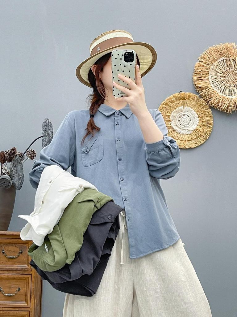 2026 Spring Women's Solid Color Slim Fit Long-Sleeve Single-Breasted Brushed Pocket Shirt