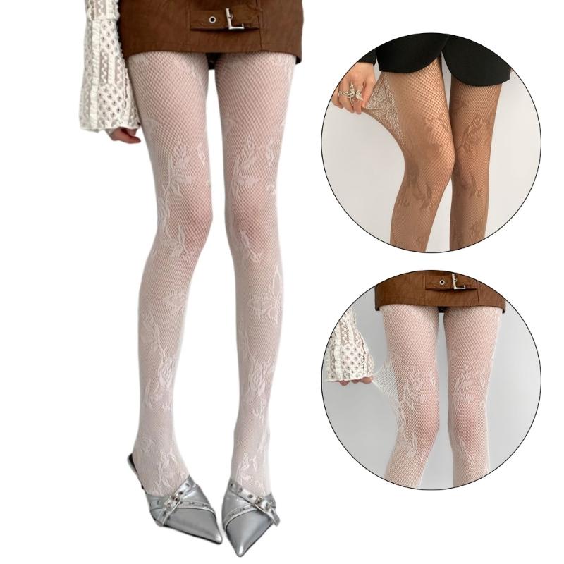 Womens Japanese Hollowed Out Fishnet Tights Stockings Aesthetic Vintage Butterfly Floral Patterned See Through Pantyhose