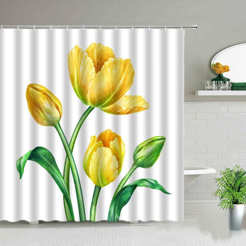 Pink Flower Plant Scenery Shower Curtains Rose Tulip Butterfly Spring Landscape 3d Printing Bathroom Waterproof Bath Curtain Set