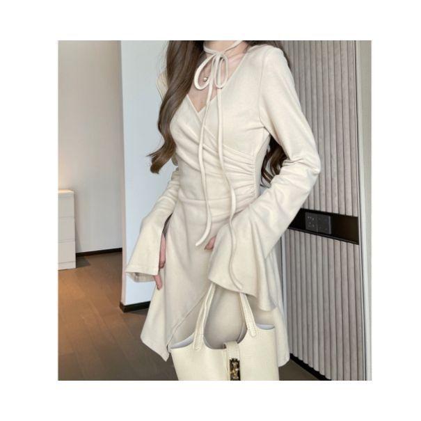 French V Neck Knit Dress With Long Sleeves For Casual And Travel Wear