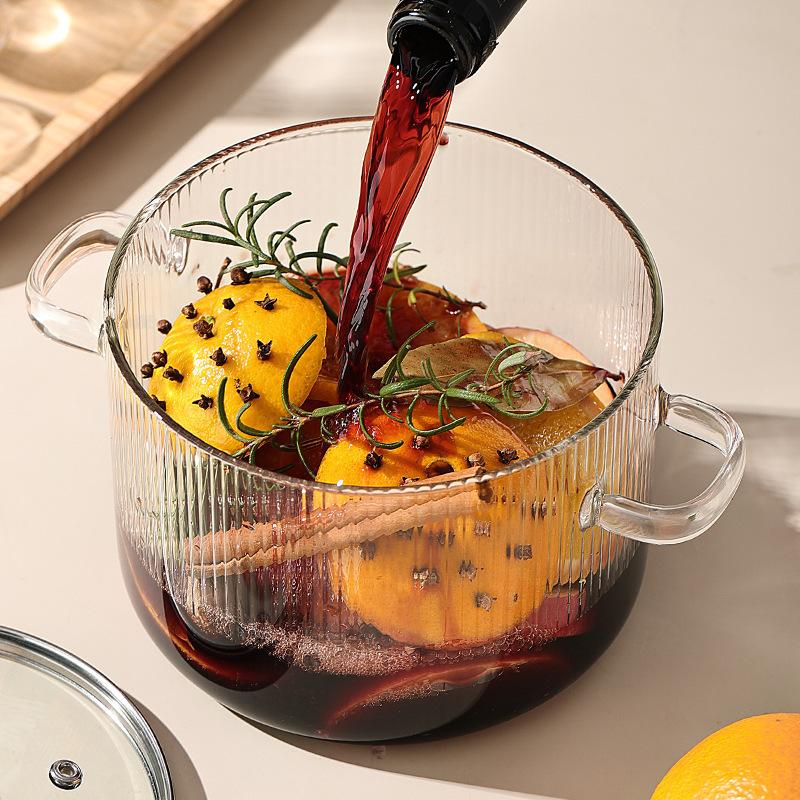 Binaural striped glass pot Household thickened high temperature resistant glass pot Can be heated with open flame for stewing soup pot
