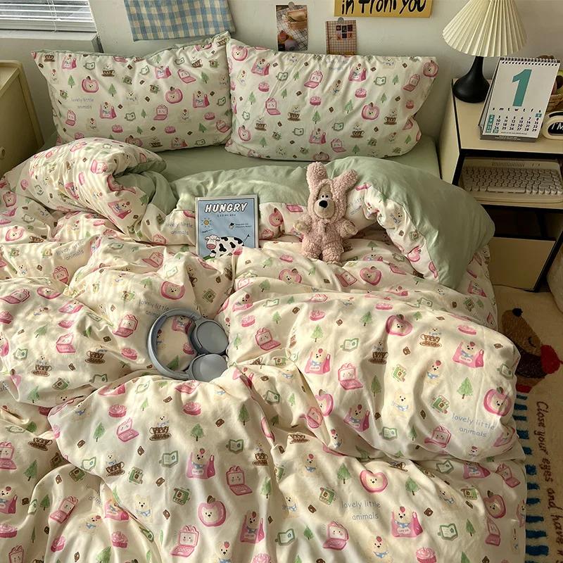 Cartoon Pattern Printed Super Soft Bedding Sets Washed Cotton Cozy Breathable Bedsheet with Pillowcase Adult Child Comfort Set