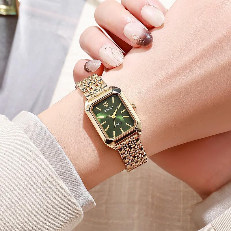 Trendy Gold Steel Band Square Women's Wristwatch