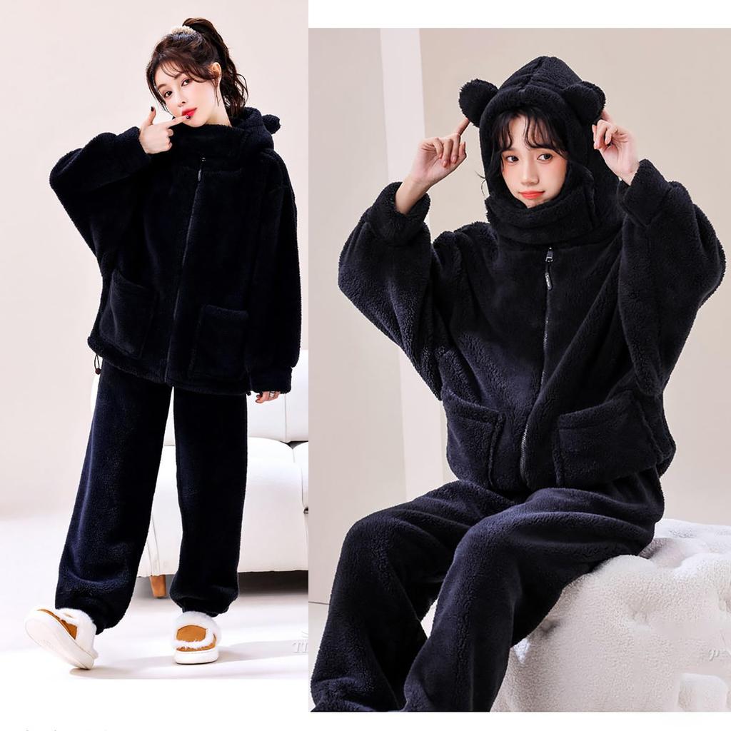 LAVASEON Winter Pajama Cute Animal Print with Bear Warm and Fun Open Thick Fleece Warm and Comfortable Loungewear for Fall and Winter Women's Set,