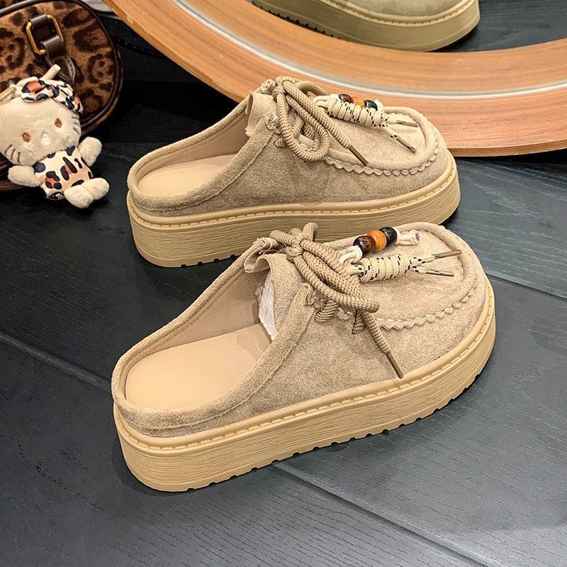 Fashion Thick-soled Heightening Bag Head Beaded Lace-up Shoes Women's Spring and Summer 2025 New Retro Bag Head Half Slippers Women