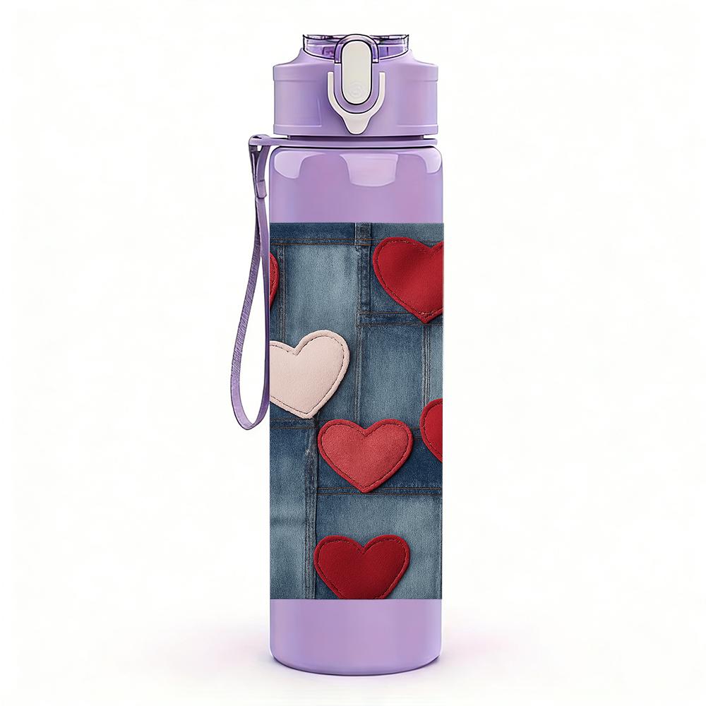 1PC Red Heart Grid Texture 750ml Color Plastic Sports Water Bottle Leakproof Flip Straw Lid For Sports Office Home Use