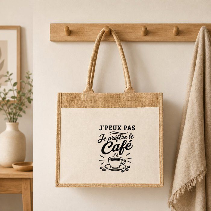 Sac Cabas Jute avec Poche J’peux pas je préfère le Café J'peux pas minimaliste | Toile de Jute et Coton 21 L Fond Plat Anses 65 cm