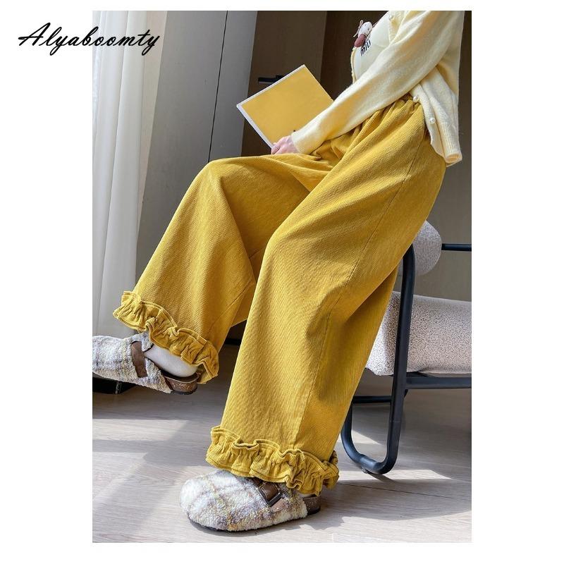 

Мода великих розмірів Осінь Зима Жіночі штани з широкими штанинами Еластична талія Темно-синій Коричневий Помаранчевий Жовтий Волани Штани Повсякденні Вільні Базові Вельветові штани XXL жовтий