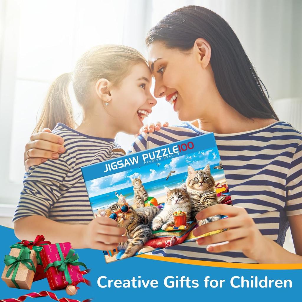 100 Piece Puzzles for Kids Ages 4-8, Beach Cat Puzzles Kids Puzzles Ages 4-6 6-8 8-10 Jigsaw Puzzles Floor Puzzles Children Educational Puzzle Toys