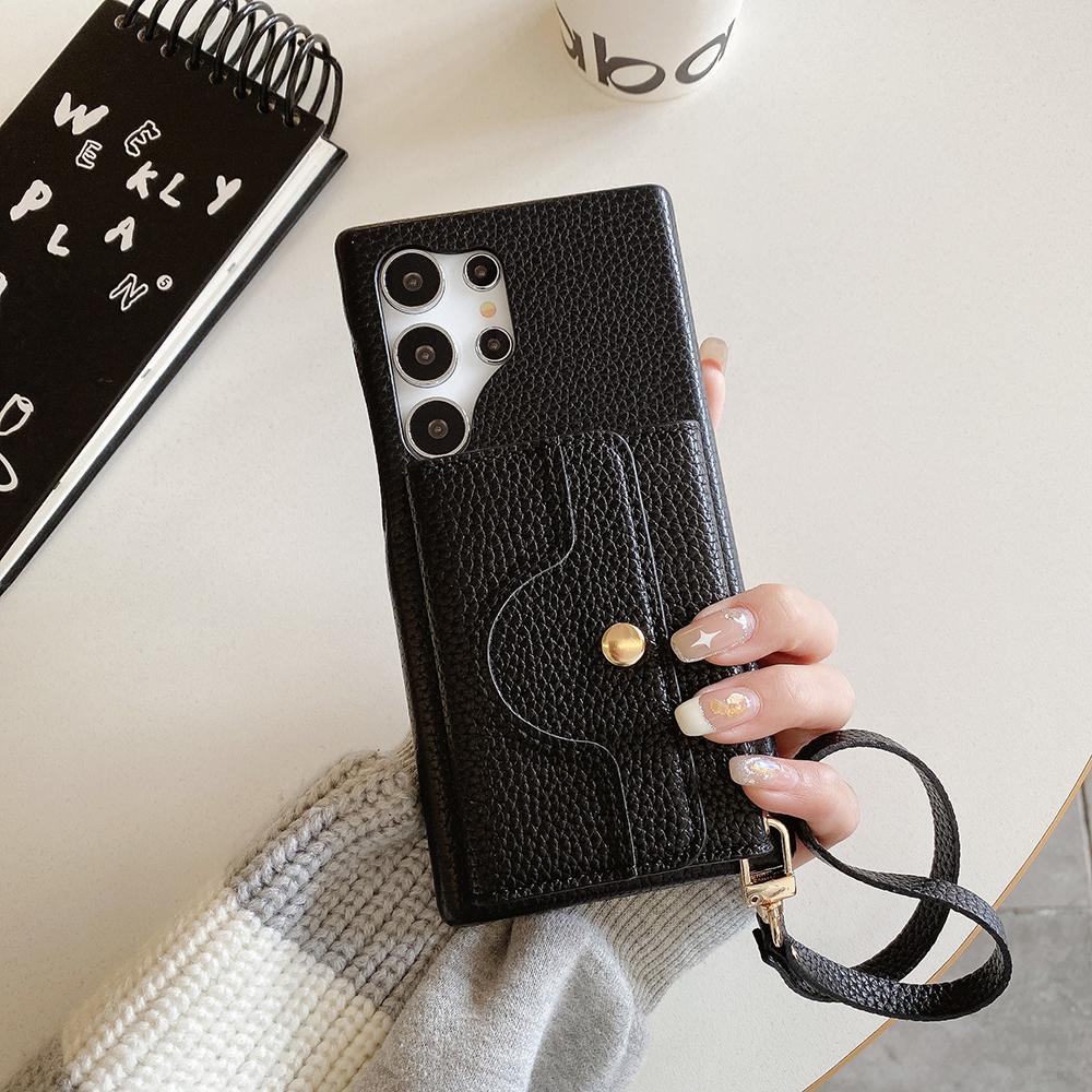 For Samsung Galaxy S25 Ultra Case Mirror Design PU Leather Back Cover with Card Slots,Wrist Strap