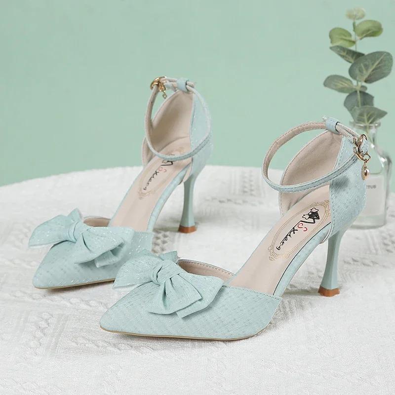 Fashion Hot Selling 2025 Summer New Fashion Slim Heel Shoes with One Line Buckle Hollow Pointed High Heels Fashion Bow Women's Shoes