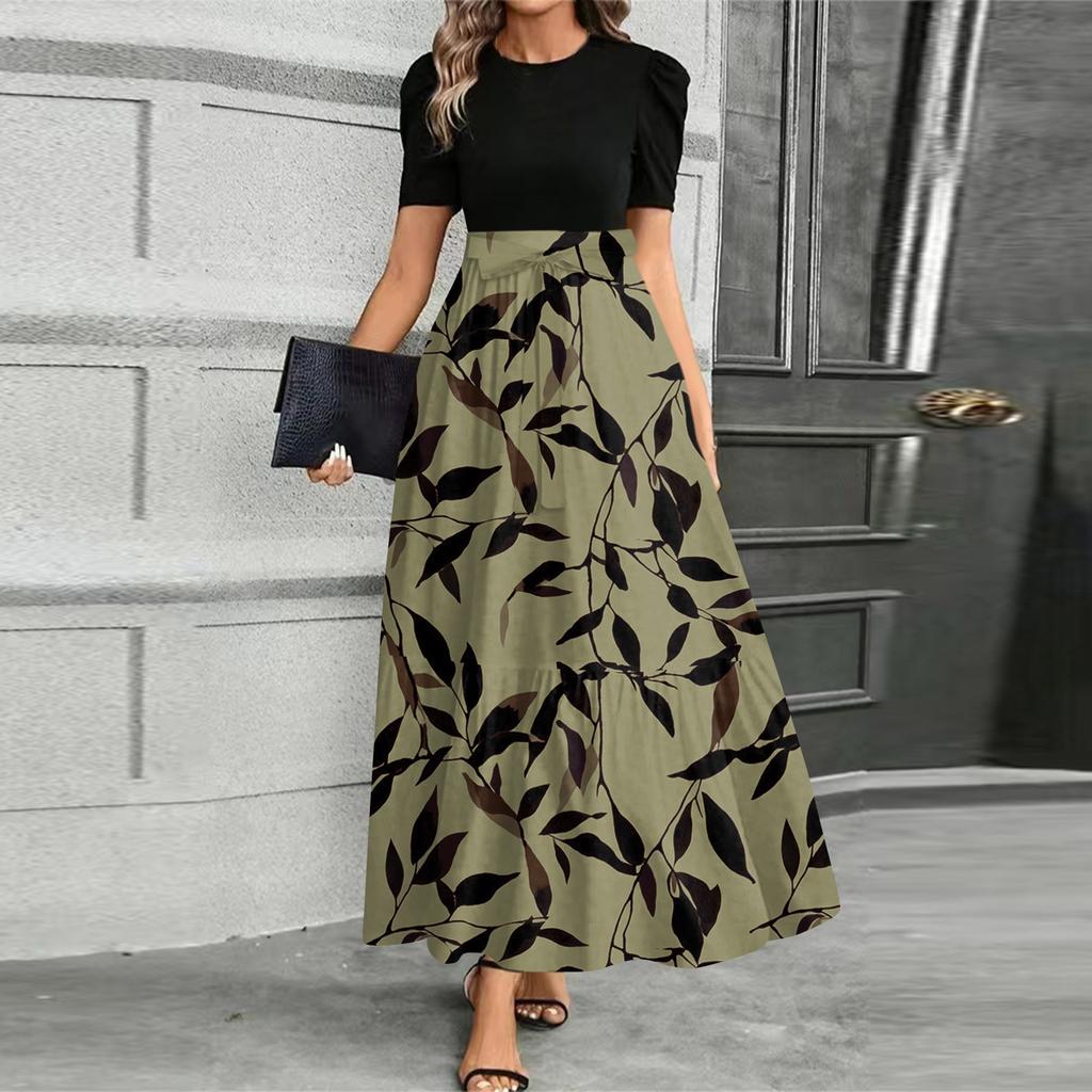 Women's Fashionable Casual Belt Short Sleeved Round Neck Print Elegant Temperament Dress