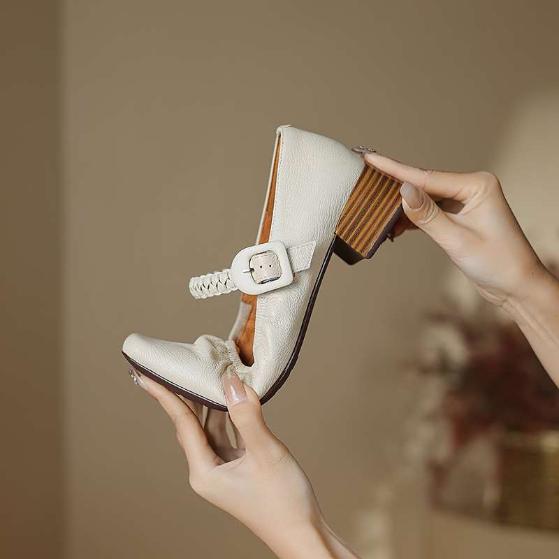 Krazing Pot Sheep Skin Summer Spring Autumn Med Heels Buckle Straps Women Square Toe Shallow Pumps