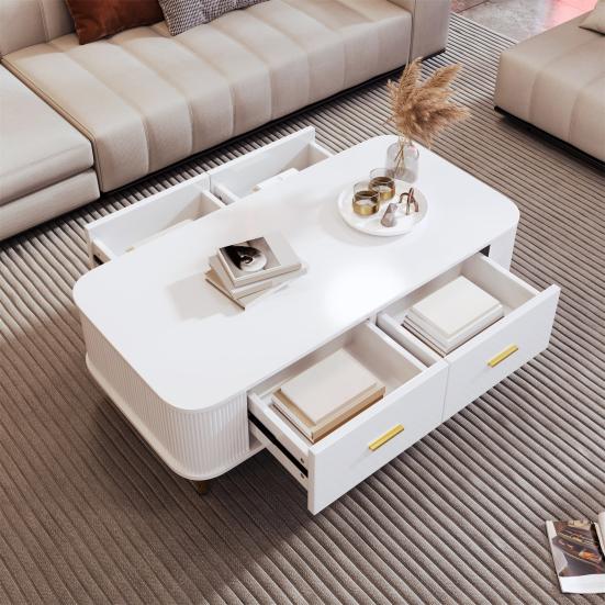 Coffee Table Golden Handles with Two Drawers Large Storage Space Curved Corners Wavy Side Storing MDF Rectangle Shape Tea Table Home
