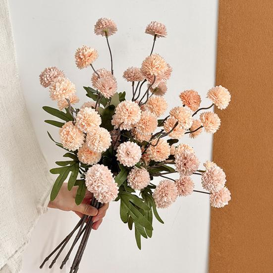 Artificial Pompon Mum, 5 Heads Faux Mini Chrysanthemums Ball, Small Fake Flower Stem for Vase Filler, DIY Bouquet, Autumn Table Centerpiece, Flower