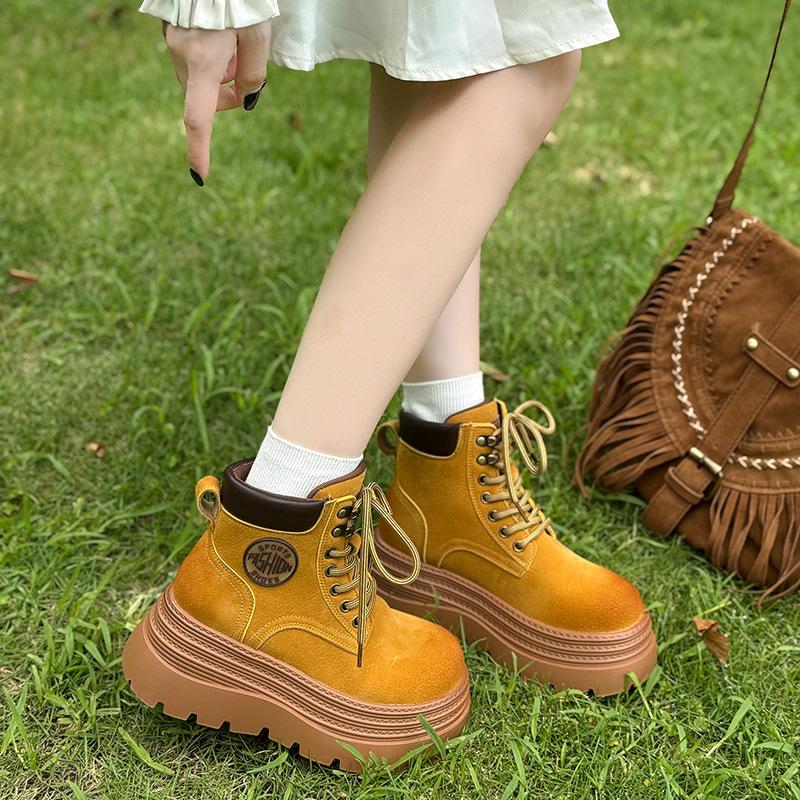 6Cm heightening Martin boots women's 2025 autumn new soft leather explosive outdoor bumblebee small thick-soled short boots