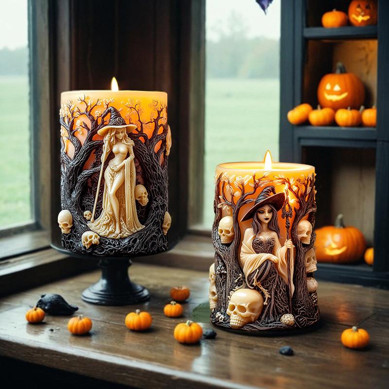 3D Witch Cylinder Candle Silicone Mold DIY Skull Witch Relief Cylinder Aromatherapy Resin Silicone Mould Halloween Decor Gifts