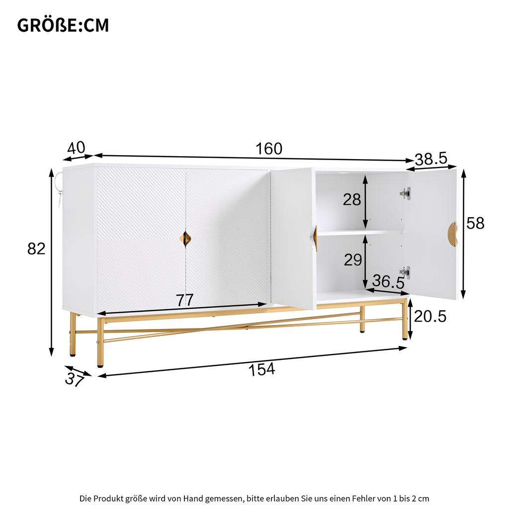 Sideboard with Raised Texture 160cm, with Four Doors, Golden Brushed Handles and High-Gloss Table Legs, White, 160×40×82cm(old sku N657P28156667W)