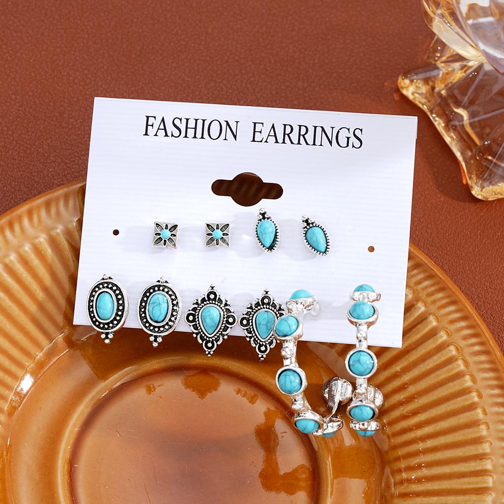 Vintage Turquoise Tibetan Silver Color Earring Sets For Women Boho Ethnic Geometric Heart Shape Leaf Shell Drop Earrings Jewelry