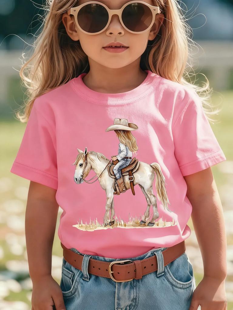 Girls Watercolor Cowgirl Riding Horse Print Short Sleeve T Shirt Western Style Cowgirl Graphic Toddler Kids Casual Summer Tee To