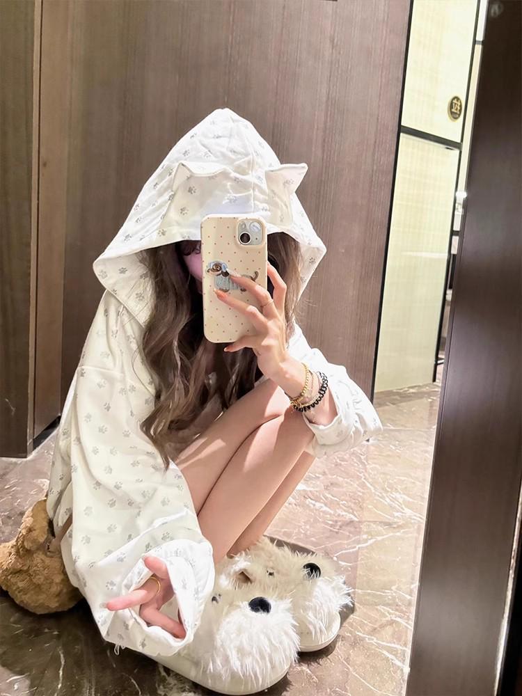 Damen Süßer Kapuzen-Cardigan mit Katzenohren und Hundepfoten-Print - Koreanischer Süß & Würzig Stil für Frühling/Herbst.
